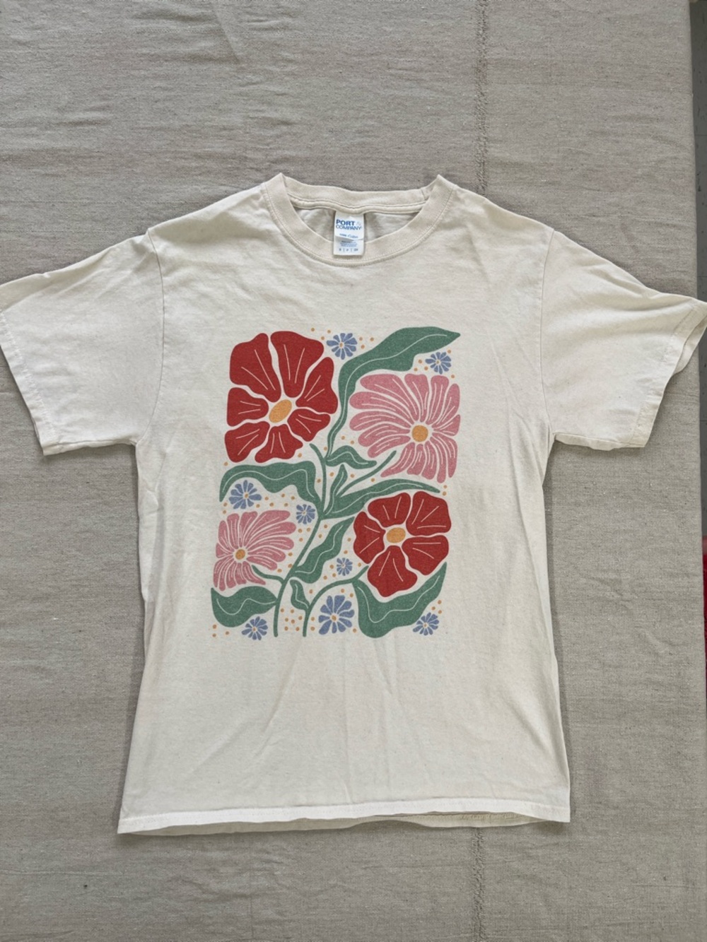 Port and Company Cream Tee with Red & Pink Floral Print